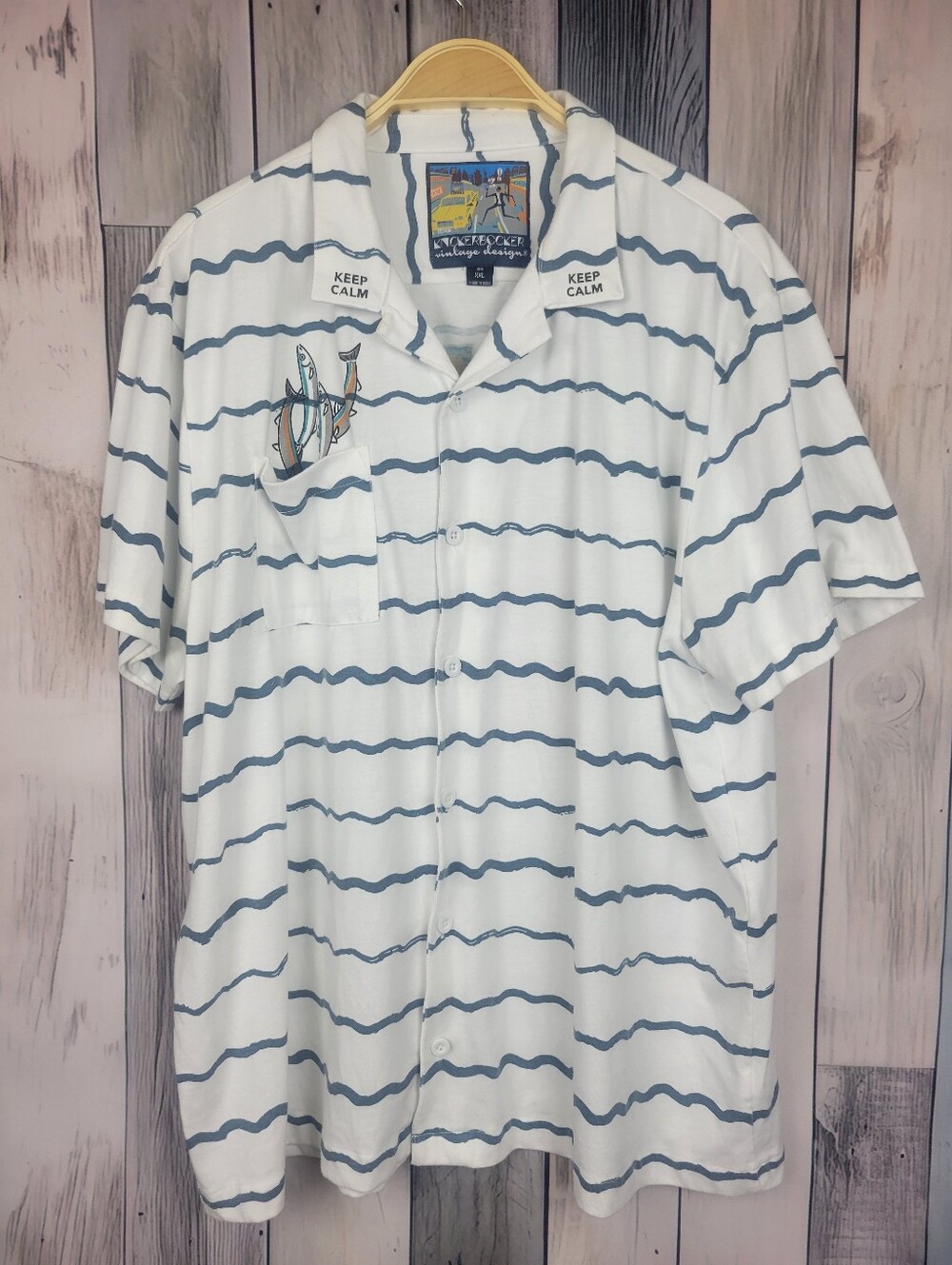 Knickerbocker White Striped Fish Design Polo Shirt Short Sleeve XXL